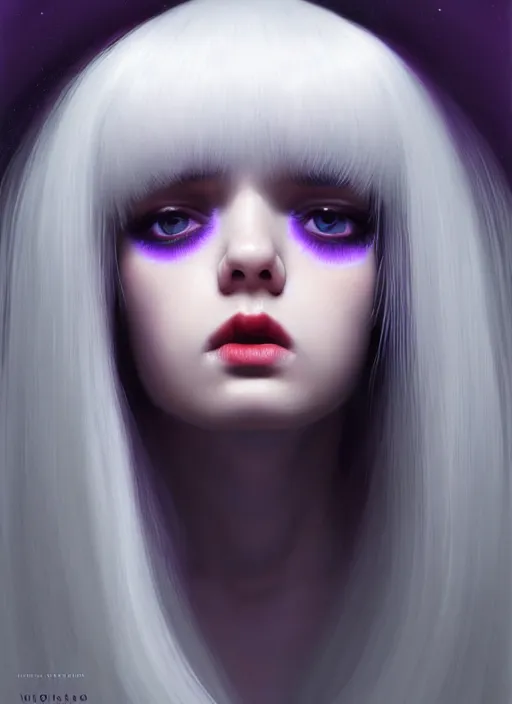 Image similar to hair whitebangs hair, black hair, whitebangs, portrait of teenage girl with white bangs, red irises, purple clothes, white bangs, bangs are different color from hair, intricate, elegant, glowing lights, highly detailed, digital painting, artstation, concept art, smooth, sharp focus, illustration, art by wlop, mars ravelo and greg rutkowski