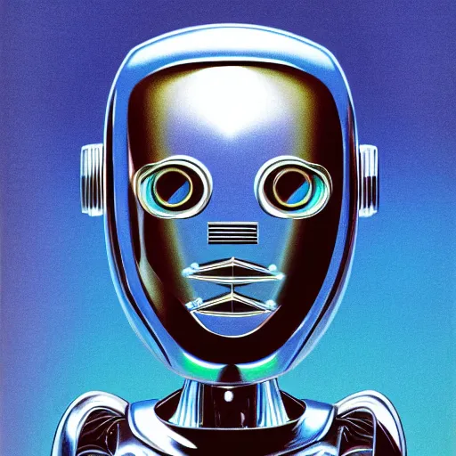 Prompt: airbrush illustration for omni magazine of a chrome robot head, sliver blue and brown colors, illustration, airbrush, magazine cover, vivid, retro, grainy, masterpiece, glow
