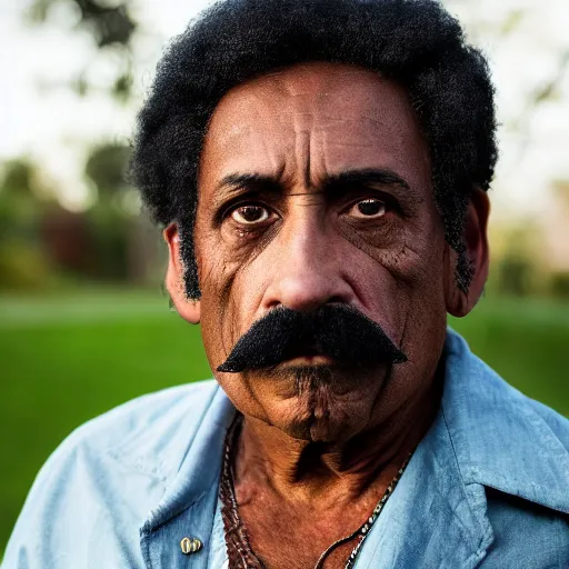 Prompt: an award winning outdoors portrait photo of a black hispanic short old man pirate with mustache and serious face, short parted hair, movie color graded