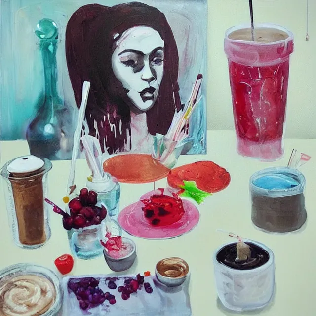 Image similar to “ sensual, neo - expressionism, surrealism, a portrait in a female art student ’ s apartment, pancakes, iced latte, berries, art supplies, a candle dripping white wax, berry juice drips, acrylic and spray paint and oilstick on canvas ”