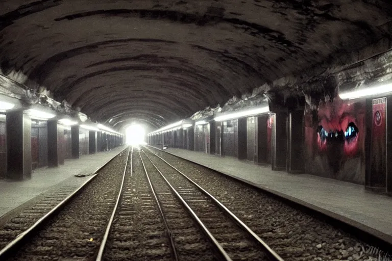 Prompt: very large giant mutant zombie irradiated ( angry rat ) staying on railways in tonnel of moscow subway. extreme high detail, very realistic. extreme long shot, low dark light, scary mood, anish kapoor.