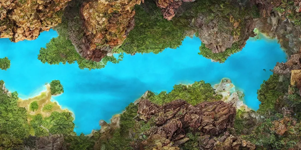 Image similar to Beautiful hyperrealistic detailed matte painting of the crater turquoise lake in destroyed amazonian burned and cuted jungle, aerial view, view from above, summer, sea breeze rises in the air, by andreas rocha and john howe, and Martin Johnson Heade, featured on artstation, featured on behance, golden ratio, ultrawide angle, f32, well composed, cohesive.