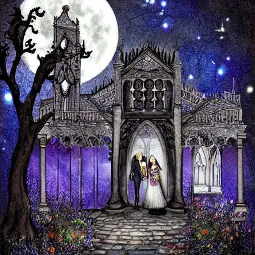 Prompt: a gothic wedding under a full blue moon, digital art