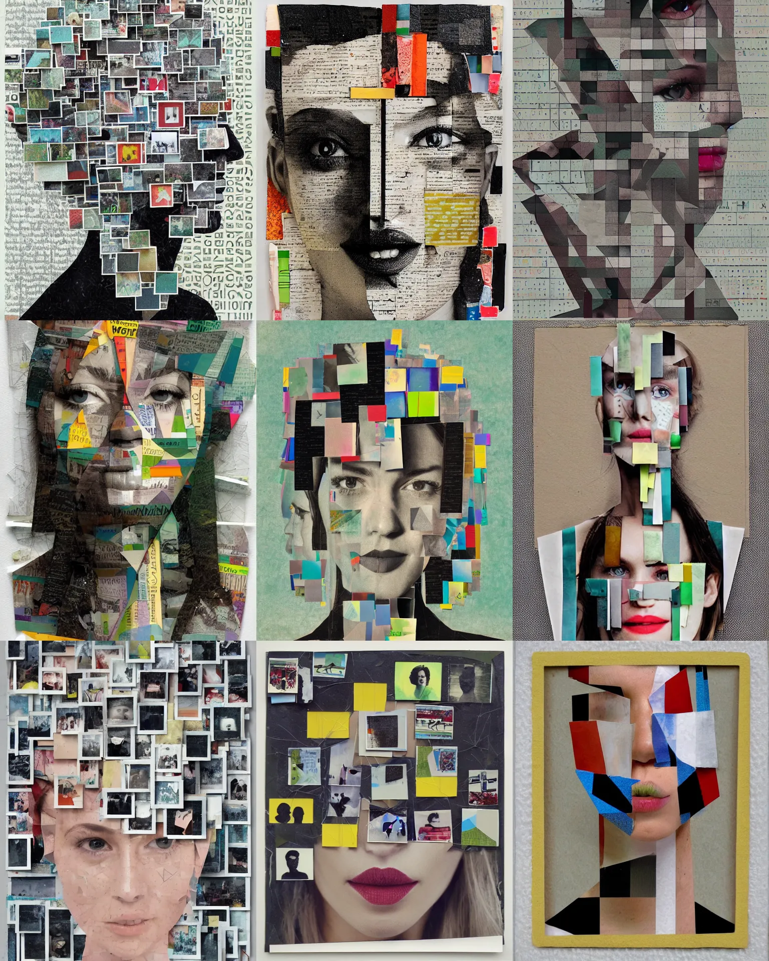 Prompt: Mixed media collage portrait in geometric design made with clippings of Polaroid photos, contemporary surrealism, CGsociety