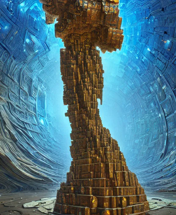 Image similar to giant art of fractal bismuth golem consists of bismuth geodes, fractalization, extremely high details, masterpiece, photorealistic, hyperrealism, vray, octane render, volumetric lighting, depth of field, bokeh, artstation, cgsociety by johannen voss, michael whelan, greg broadmore, frank frazetta