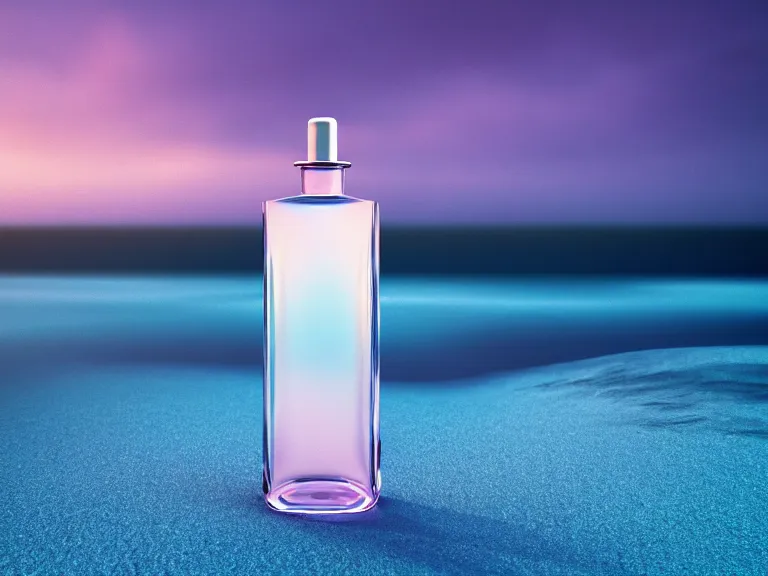Prompt: perfume bottle standing on lilpadss in a deep blue frosted pond ; mute dramatic colours, soft blur outdoor stormy sea background, dramatic, mid day, sand dune background, soft lilac skies, large scale, hyperrealistic, lots of detail, realistic lighting, octane render, by wlop, artgerm, trending on artstation