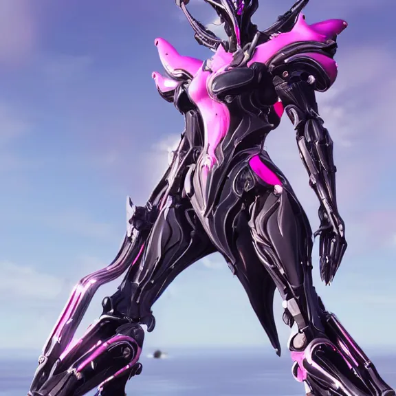 Image similar to cinematic close up full body shot of a beautiful stunning saryn prime warframe, that's a beautiful stunning anthropomorphic robot female dragon with metal cat ears, cute elegant pose, standing on teh beach at sunset, robot cat paws for feet, thick warframe legs, detailed arms, sharp claws, slick pink armor, streamlined white armor, long elegant tail attached to her back end, two arms, two legs, detailed warframe fanart, destiny fanart, macro art, dragon art, furry art, realistic digital art, warframe art, Destiny art, furaffinity, DeviantArt, artstation, 3D realistic, 8k HD, octane render