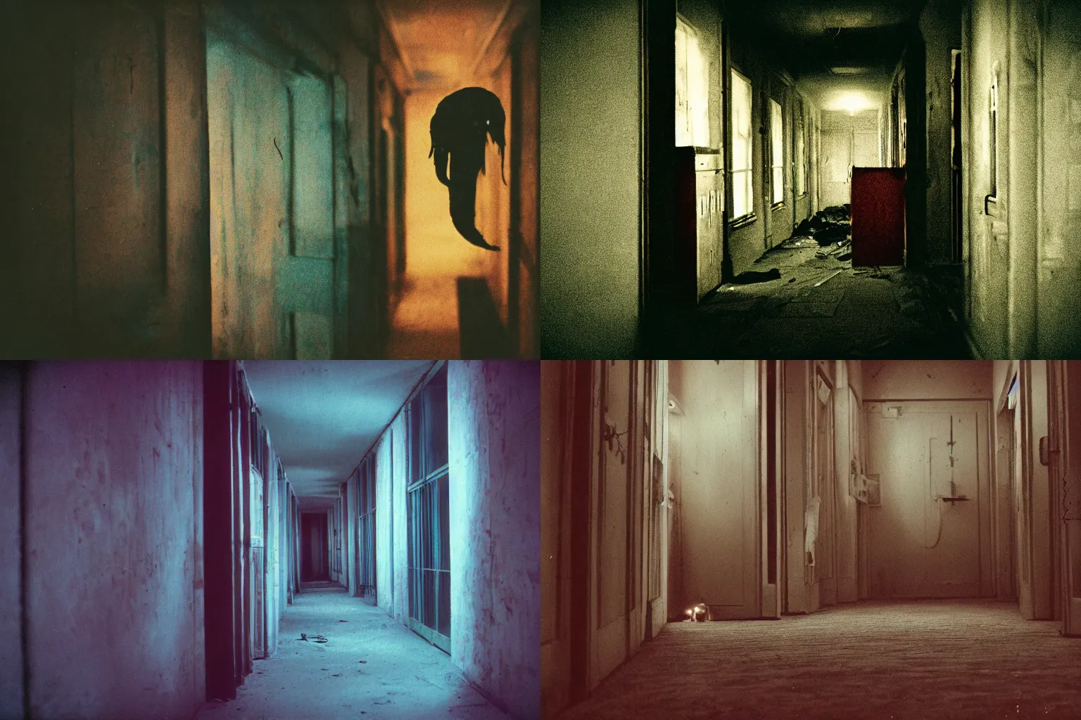 Prompt: asylum, cinestill eastmancolor, liminal, deep shadows, eldritch creatures lurking in the dark