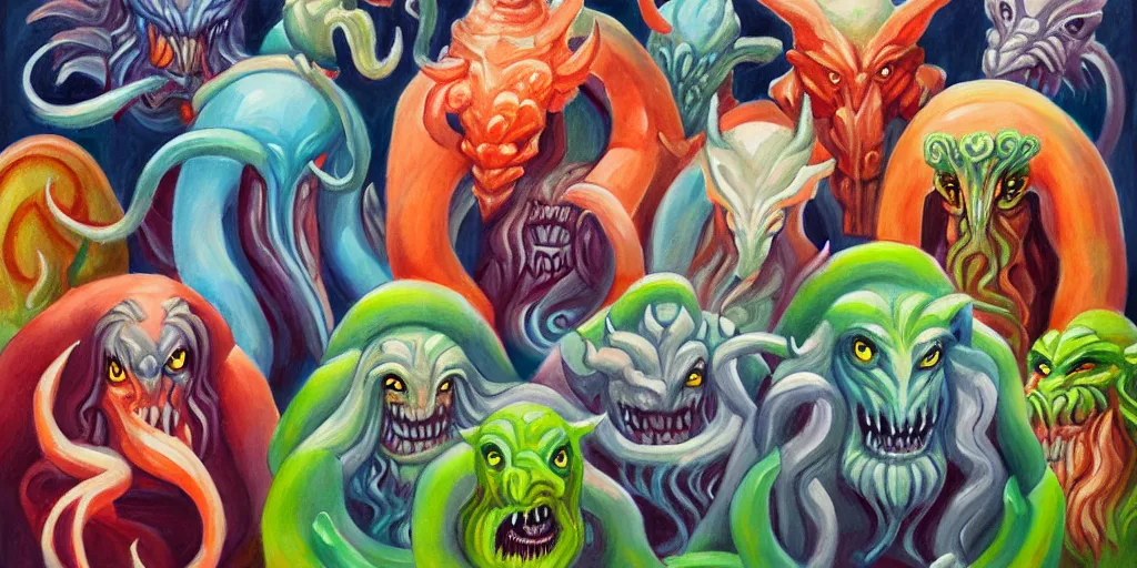 Prompt: portrait painting of a group of mythical monsters and beasts in a squishy style