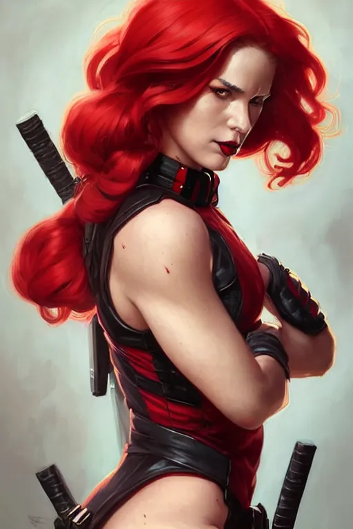 Image similar to portrait of a girl wearing deadpool costumes, upper body, red hair, long hair, d & d, fantasy, fierce, sharp features, intricate, elegant, highly detailed, digital painting, artstation, concept art, matte, sharp focus, illustration, art by artgerm and greg rutkowski and alphonse mucha