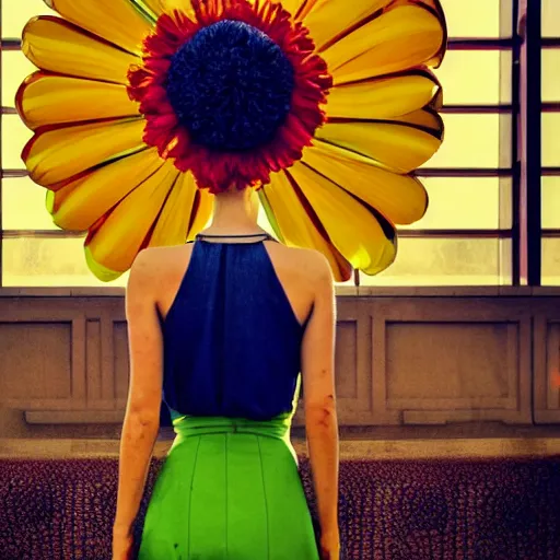 Image similar to giant flower head, frontal, girl standing in mid century hotel, surreal, symmetry, bright colors, cinematic, wes anderson