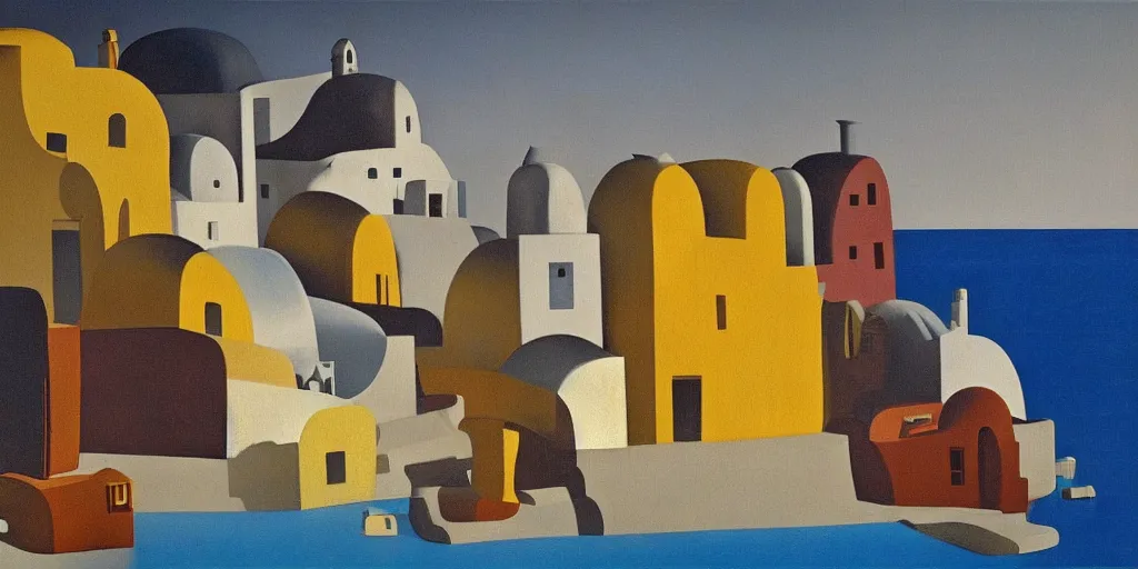 Prompt: abstract houses like santorini by yves tanguy and vermeer, dramatic lighting, analogous complementary colour scheme, vivid colours