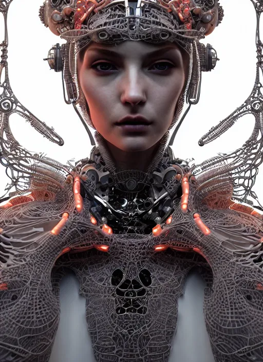 Prompt: portrait of an absurdly beautiful, graceful, sophisticated, fashionable cyberpunk mechanoid, hyperdetailed illustration by irakli nadar and alexandre ferra, intricate linework, white porcelain skin, faberge, fractal, coral headdress, unreal engine 5 highly rendered, global illumination, radiant light, detailed and intricate environment