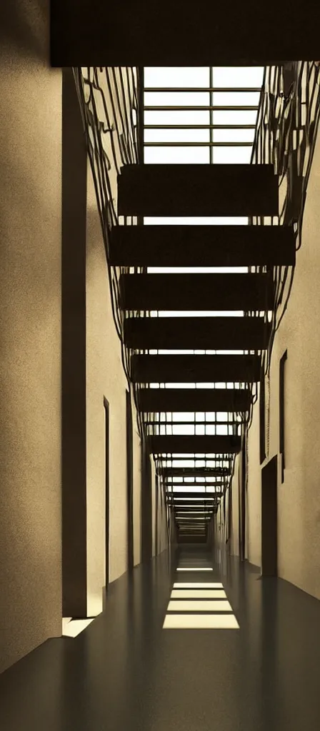Image similar to colorful minimalist industrial interior infinity stairwell hallway with monolithic pillars in the style of ridley scott and stanley kubrick, impossible stijl architecture, lone silhouette in the distance, ultra wide angle view, cinematic, god rays, volumetric lighting, realistic detailed painting by edward hopper