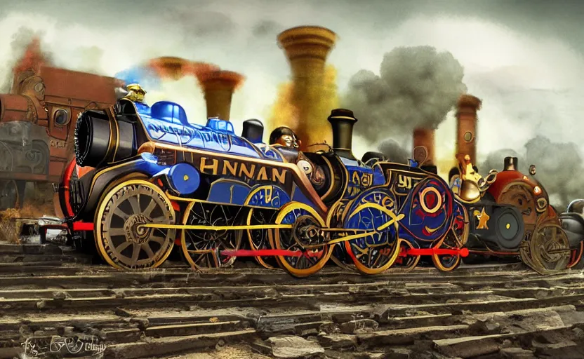 Image similar to A steampunk re-imagination of Thomas the tank engine train, modern digital art