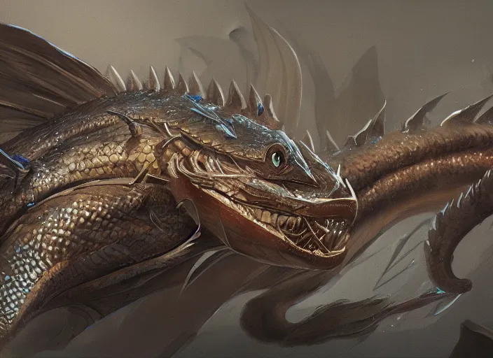 Prompt: detailed concept art of a dragon fish character by richard anderson, artstation, artstationhd, detailed scales, detailed texture, concept sheet