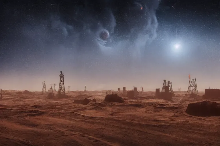 Prompt: landscape photography alien dust planet with sandstorm and oil rigs with multiple moons in the starry space skyline. men working seem small. sense of scale. huge futuristic grungy industrial buildings