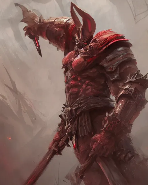 Image similar to Rabbit Berserker, rage, maniac, war paint, red, Khorne, magic the gathering artwork, D&D, fantasy, cinematic lighting, centered, symmetrical, highly detailed, digital painting, artstation, concept art, smooth, sharp focus, illustration, volumetric lighting, epic Composition, 8k, art by Akihiko Yoshida and Greg Rutkowski and Craig Mullins, oil painting, cgsociety