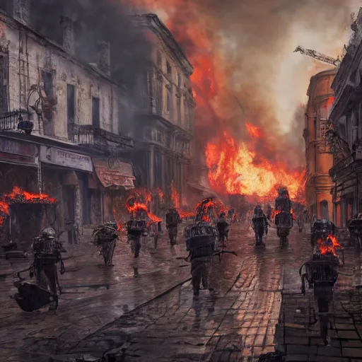 Image similar to City ablaze after cryptic aliens burned the old city center, people panicking and tanks rolling on the streets, cinematic lighting, high quality 8k hd, oil on canvas, hyperralistic art