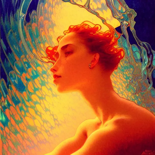 Prompt: mind bending sapphire ocean waves of glossy psychedelic liquid honey drops flowing like kaleidoscopic translucent amber, lsd waves, dmt ripples, crystal clear, backlit, sunset, refracted lighting, art by collier, albert aublet, krenz cushart, artem demura, alphonse mucha