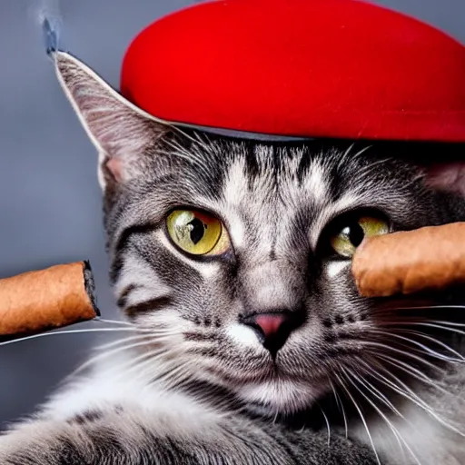 Image similar to cat with red eyes and a hat while holding a gun and smoking a cigar