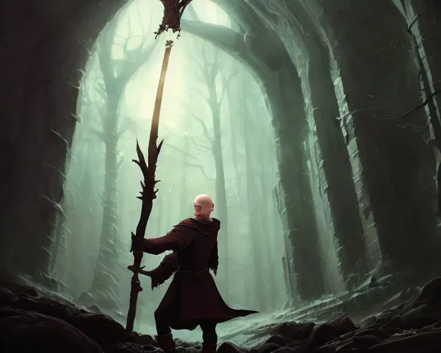 Image similar to highly detailed portrait of daniel radcliffe as a fantasy bald elf holding a magic staff, in skyrim, stephen bliss, unreal engine, fantasy art by greg rutkowski, loish, rhads, ferdinand knab, makoto shinkai and lois van baarle, ilya kuvshinov, rossdraws, tom bagshaw, global illumination, radiant light, detailed and intricate environment