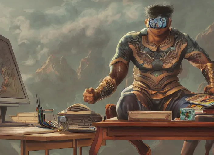 Image similar to an insanely detailed painting of an asian man wearing a homemade superhero costume, sitting at a desk, staring seriously at the computer and typing, in the style of peter mohrbacher, james jean, artgerm, dramatic lighting and composition, surreal background, octane render, pixar, trending on artstation, concept art, comic book, view from behind, 8 k