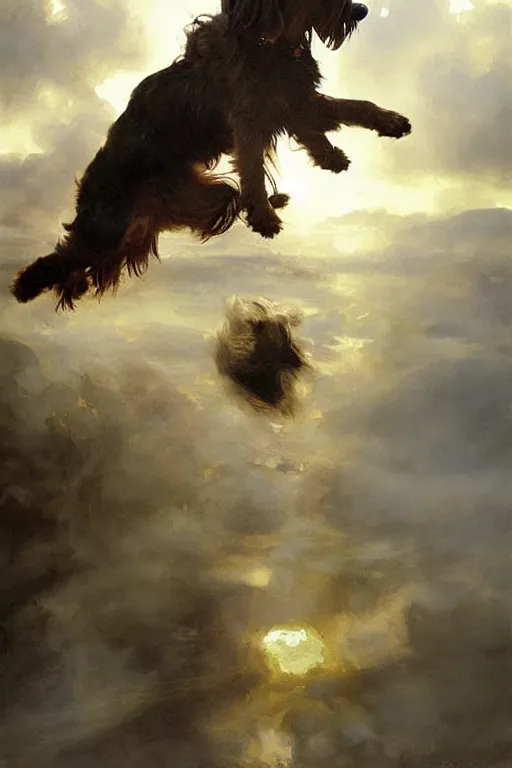 Prompt: beautiful oil painting portrait of ancient bernedoodle dog hovering in the air levitating and ascending in stations of the cross pose, art by anders zorn, wonderful masterpiece by greg rutkowski, expressive brush strokes, beautiful cinematic light, american romanticism by greg manchess, jessica rossier