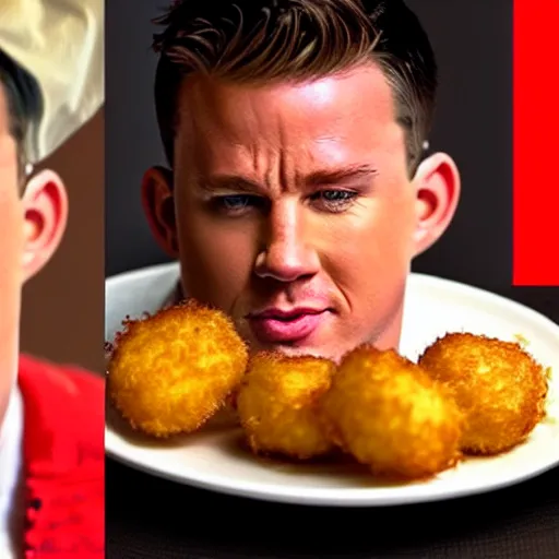 Image similar to channing tatum's face as tater tot on a plate with ketchup