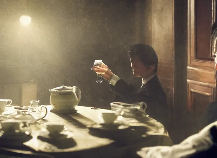 Image similar to A very high resolution image from a new movie, A Weasel wearing a suit drinks tea in a shabby Chinese room, surrounded by water vapor,beatiful backgrounds,dramatic Lighting, directed by hao ning