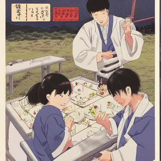 Image similar to chemists in white coats are eating a giant roll, hasui kawase