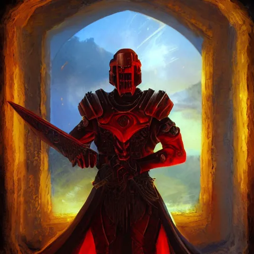 Prompt: blood knight, red, glowing halo, fantasy art, located in a castle, morning sunlight through the window, decorated, high quality, highly detailed, 4 k