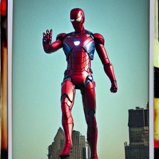 Image similar to a single iron man and spider - man hybrid, dslr, polaroid