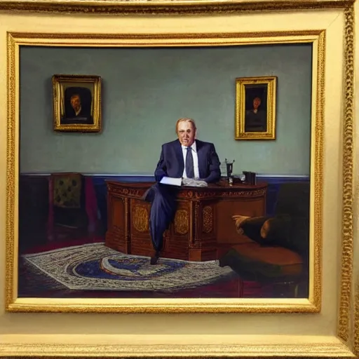 Image similar to senator armstrong sitting in oval office, oil painting, presidential portrait