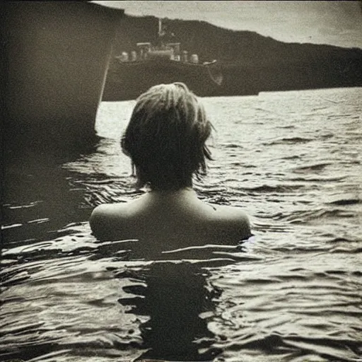 Image similar to “old photo of mermaid, only her face on top of water, next to boat, sepia”