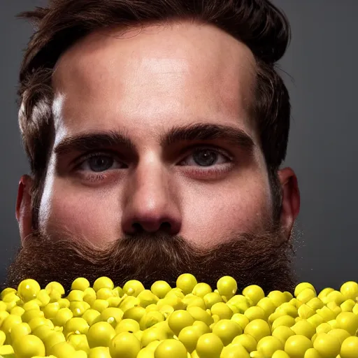 Image similar to a man with a beard in only one side looking at the camera, under a ball pool of yellow and white balls.