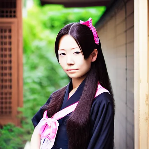 Prompt: beautiful portrait of a japanese maid, long hair, detailed, professional photography