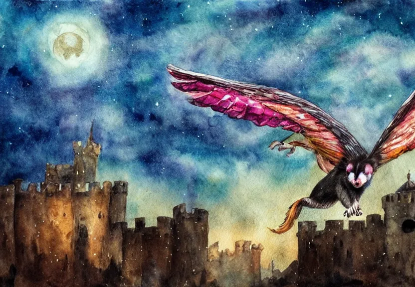 Image similar to legendary colorful winged possum flying over a medieval castle at night under the dark starred sky, dark fantasy, watercolor, dreaming illusion, highly detailed, 4k, trending on Artstation