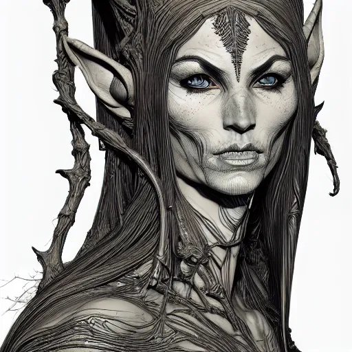 Prompt: wideview of an elven witch,intricate, veins, by Hugo pratt, ultradetailed, trending on artstation,