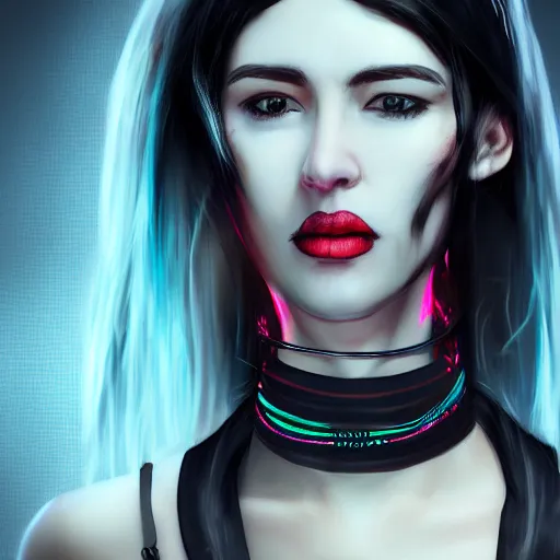 Image similar to headshot portrait of cyberpunk woman wearing thick steel choker around neck, 4K, detailed face, collar on neck, realistic, artstation, cyberpunk style, neon,