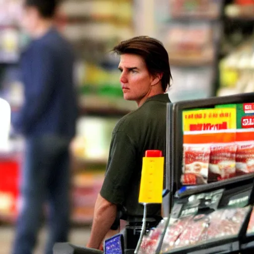 Image similar to Tom Cruise working as a 7/11 cashier, macro, detailed, beautiful lighting