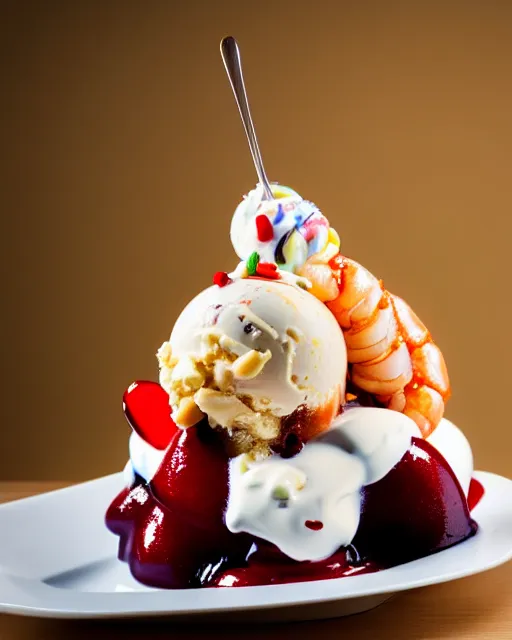 Image similar to dslr food photograph of an ice cream sundae with shrimps on. 8 5 mm f 1. 4