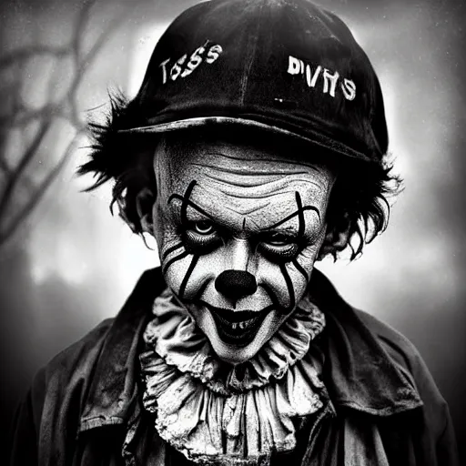 Image similar to Homeless portrait of dirty Pennywise in scrappy clothing, HD, award winning photograph by Lee Jeffries