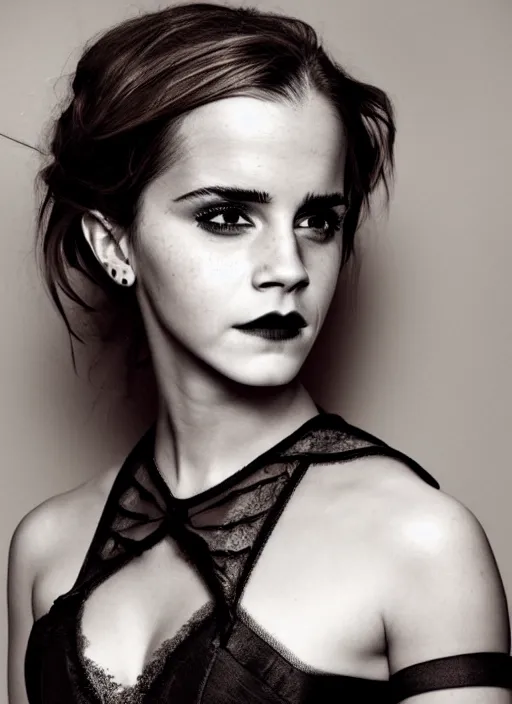 Prompt: Emma Watson for Victorian Secret as dark goth, perfect face, full length shot, XF IQ4, 150MP, 50mm, f/1.4, ISO 200, 1/160s, natural light, Adobe Photoshop, Adobe Lightroom, DxO Photolab, Corel PaintShop Pro, rule of thirds, symmetrical balance, depth layering, polarizing filter, Sense of Depth, AI enhanced