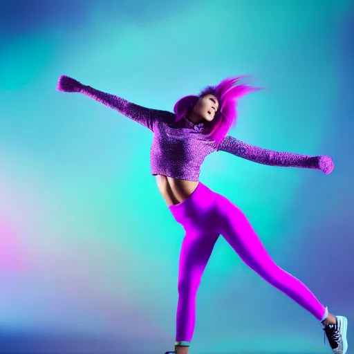 Image similar to a award winning full body shot of a beautiful woman in a croptop and gloves and leggings with a ombre purple pink teal hairstyle with head in motion and hair flying, outrun, vaporware, vivid colors, highly detailed, fine detail, intricate