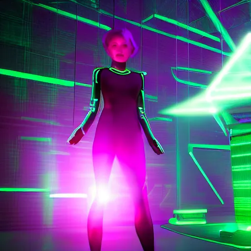 Image similar to cure glowing green hologram girl from cyberspace, 9 0 s cgi design, lens flare, green, vray