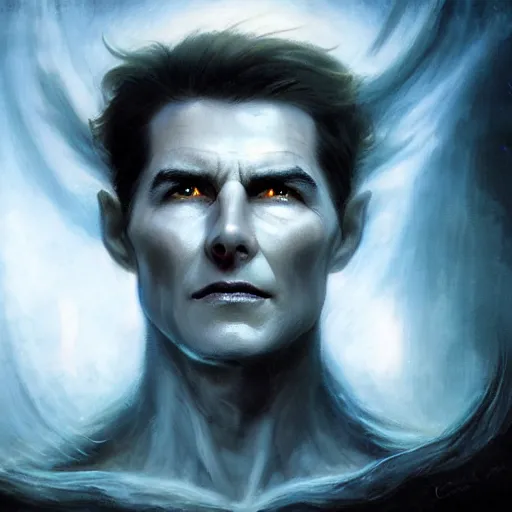 Image similar to head and shoulders portrait of a ghostly, shadowy, spectral wraith portrayed by tom cruise, d & d, fantasy, greg rutkowski, frank frazetta, alexandre chaudret, boris vallejo, michael whelan, miro petrov, hr giger, magali villeneuve, donato giancola