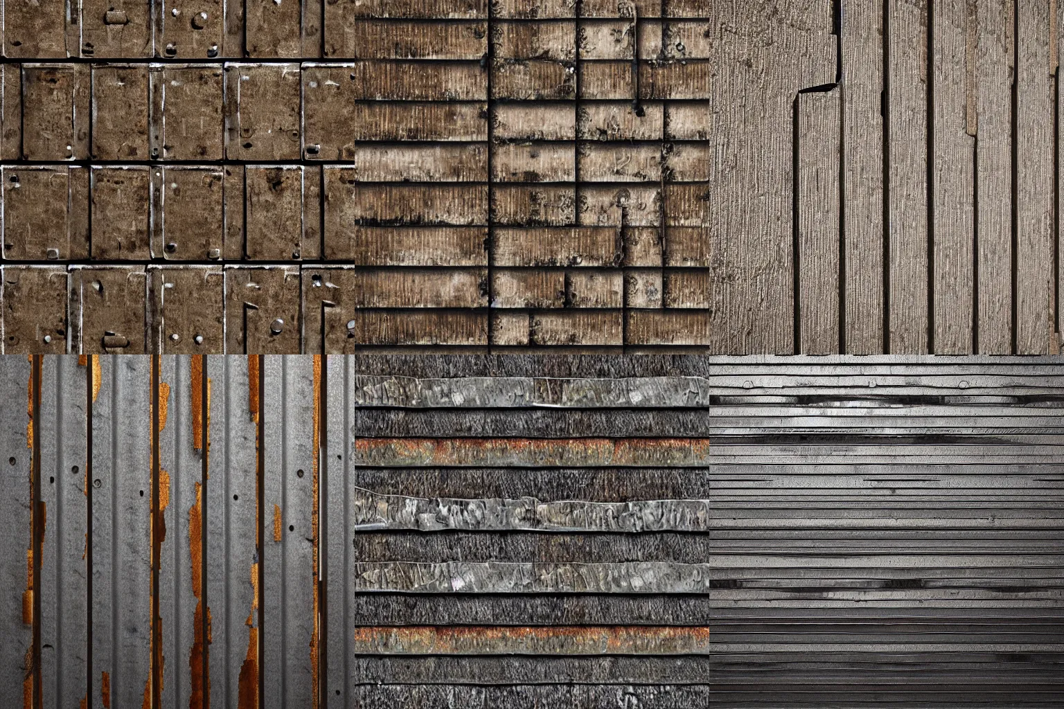 Prompt: flat texture of a wall made of scrap metal and scrap wood, photorealistic