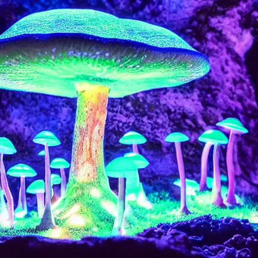 Image similar to a beautiful bioluminescent mushroom cave scene