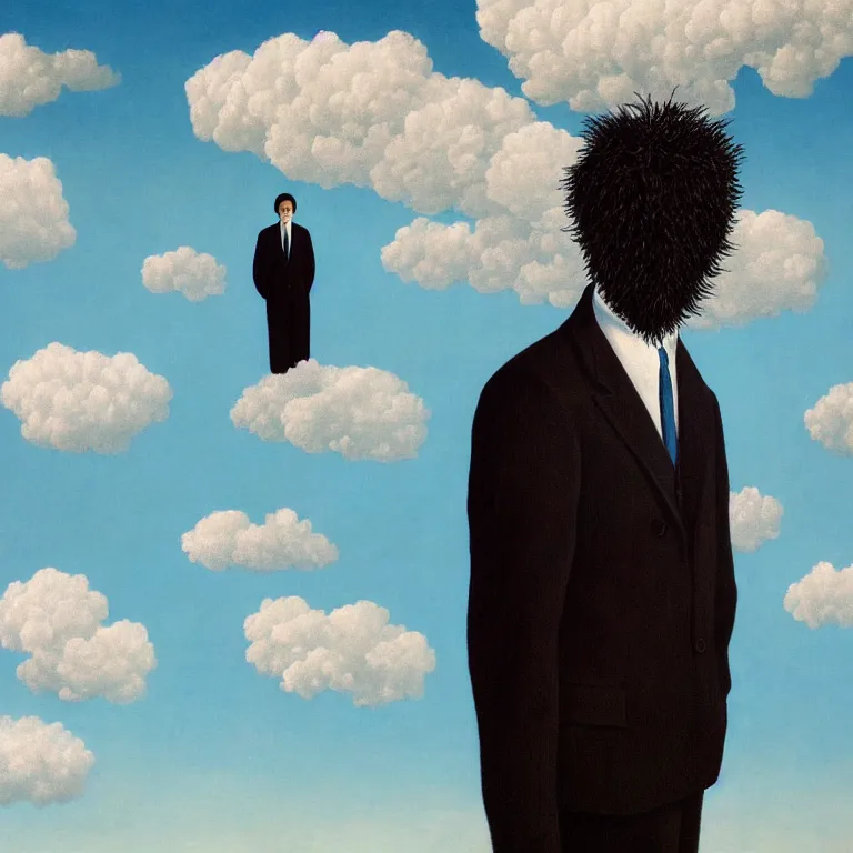 Image similar to portrait of a faceless shadow - head man with messy hair in a suit, clouds in the background, by rene magritte, detailed painting, distance, middle centered, hd, hq, high resolution, high detail, 4 k, 8 k